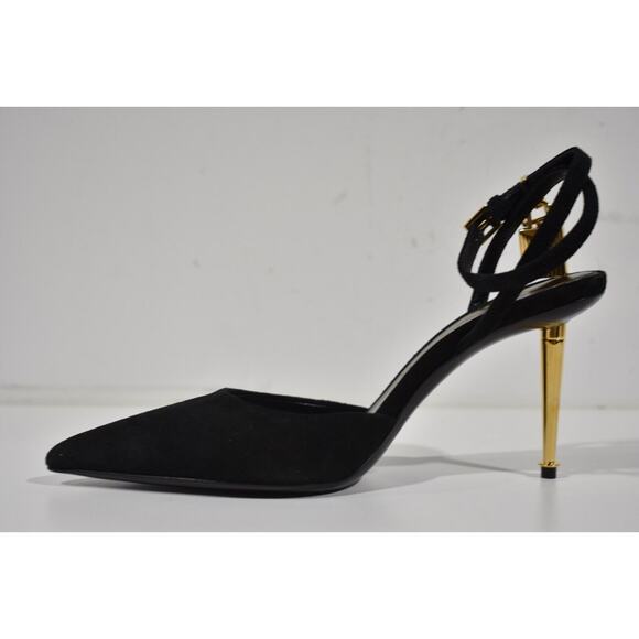 Tom Ford Padlock 85mm Slingback Black Suede Ankle Strap Pointed Toe Heel Pump 37 - Picture 7 of 11